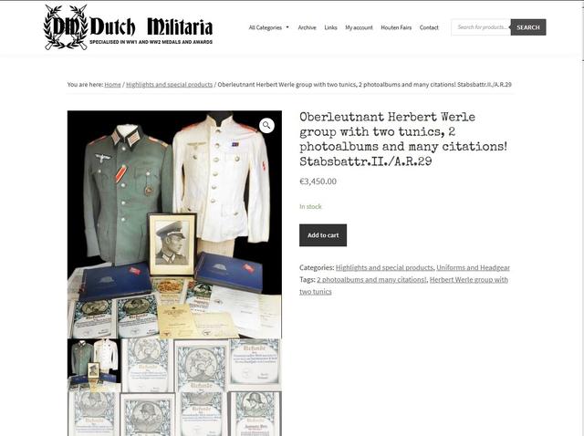 Twee nazi-unformen voor € 3450 op nazisite Dutch Militaria te koop