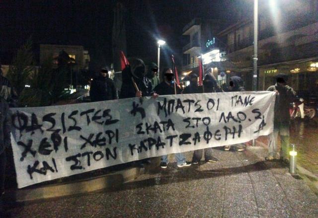 Antifascist intervention in Livadia; the banner reads ‘Fascists and cops go hand