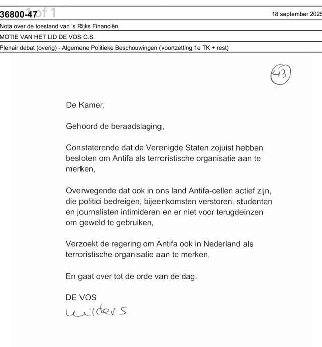Screenshot van motie om Antifa tot terroristische organisatie aan te merken.